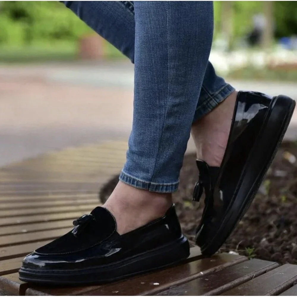 Black Patent Leather Tassel Loafer Slip-On Ram&Rock Dress Shoes US M 10.5/W 12
